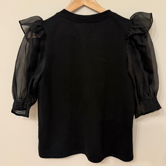 Black Anthropologie Top with Shoulder Ruffle and Sheer Sleeve, Small - Picture 2 of 5